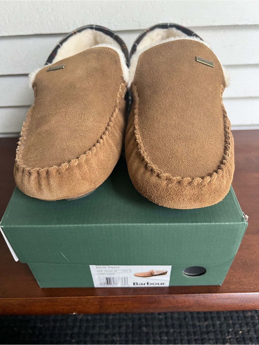 Men’s Barbour 
Brown Suede Leather Moccasin Slippers with Cream Fleece Lining.